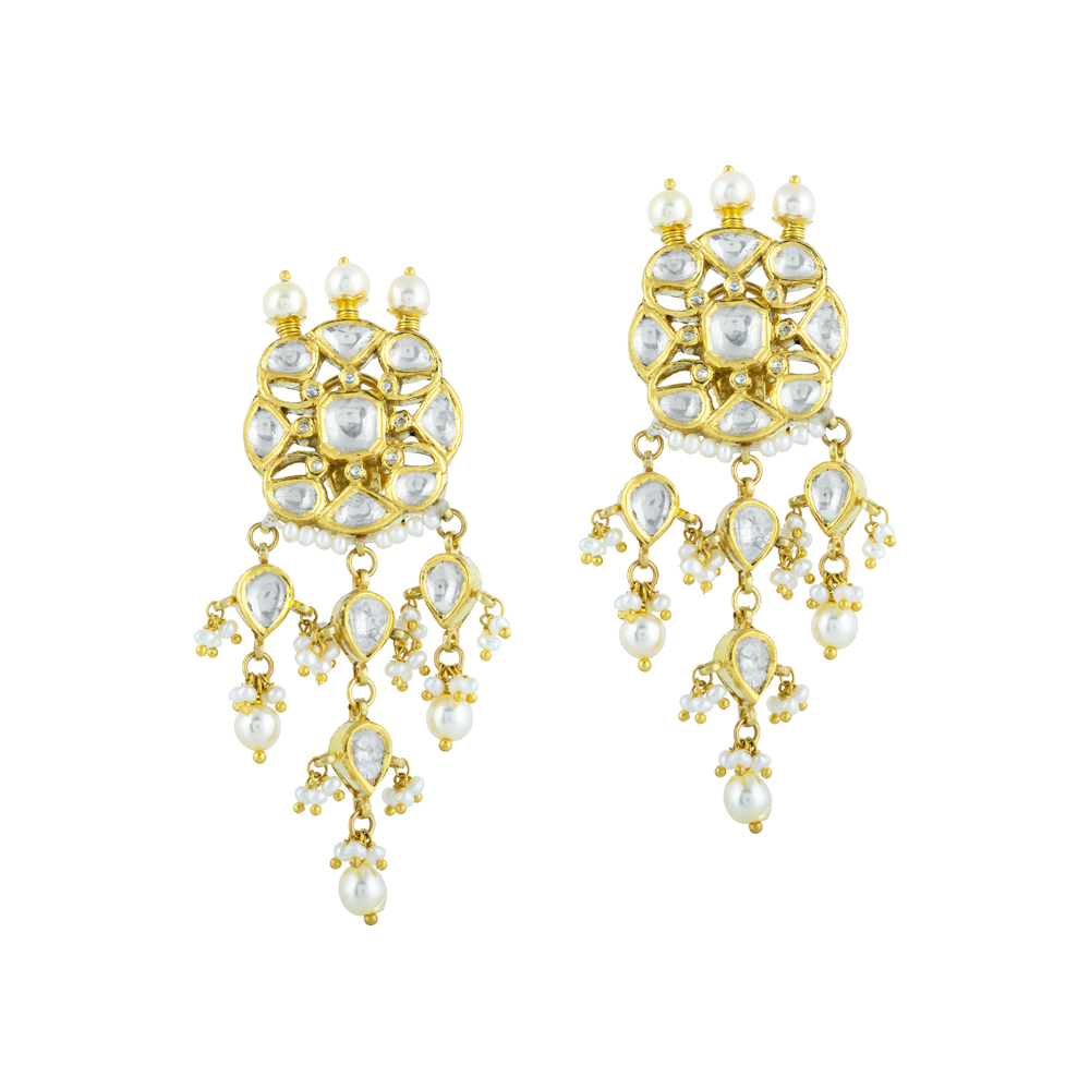 Intricate Gold Polki Earring with Cascading Pearl